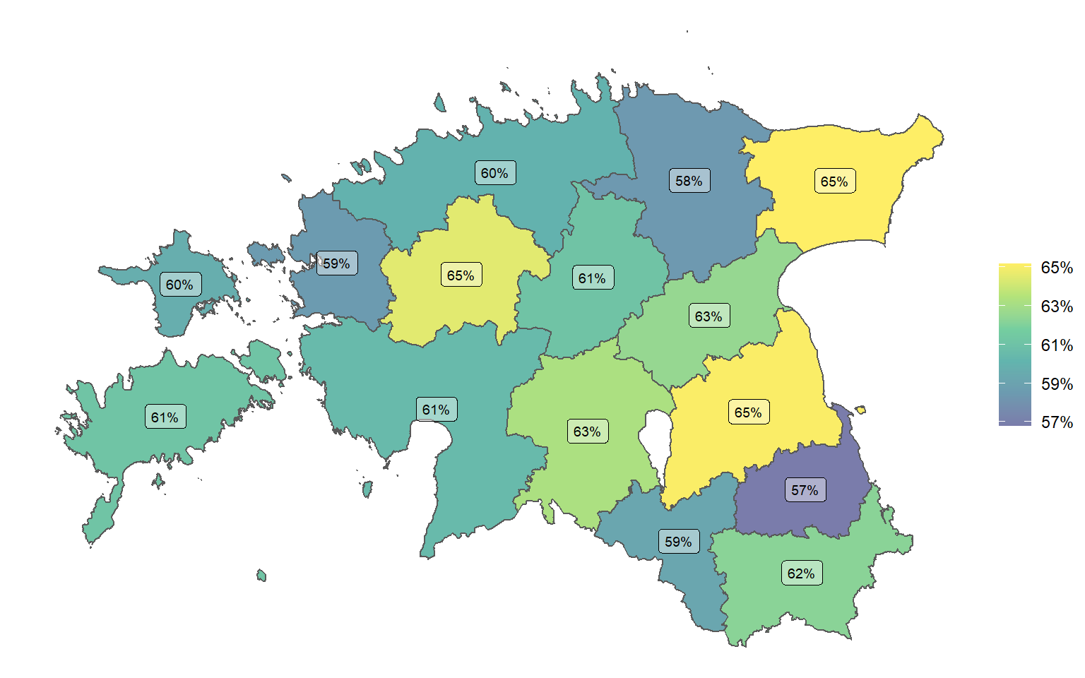 Percentage of nursery and childcare service users out of all 0–7-year-old children in 2019 by county